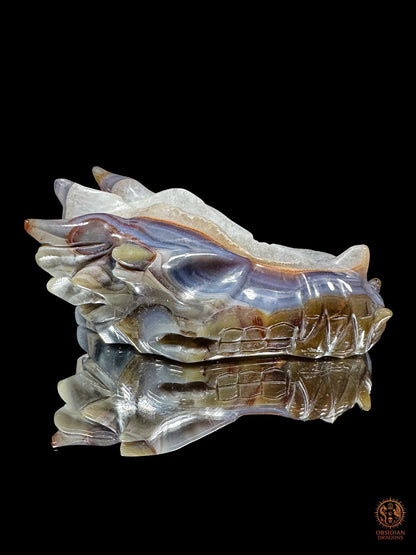 Profil complet du crâne de dragon sculpté artisanalement dans une géode de quartz, avec dentition et rubanement naturel de l’agate
