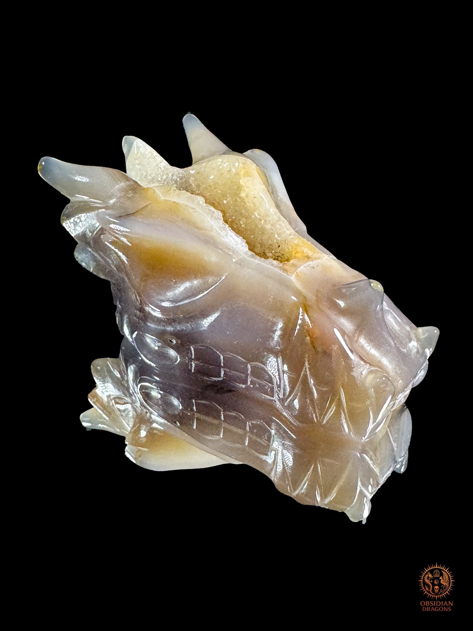Crâne de dragon en géode de quartz – Lumière intérieure | obsidian dragons