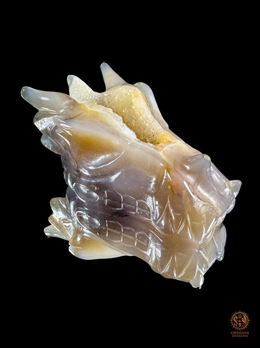 Crâne de dragon en géode de quartz – Lumière intérieure | obsidian dragons