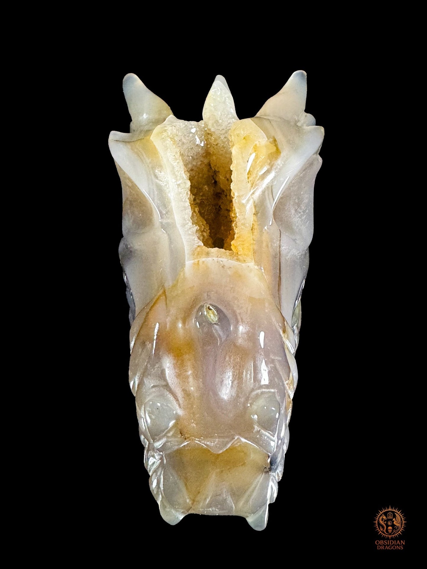 Crâne de dragon en géode de quartz – Lumière intérieure | obsidian dragons