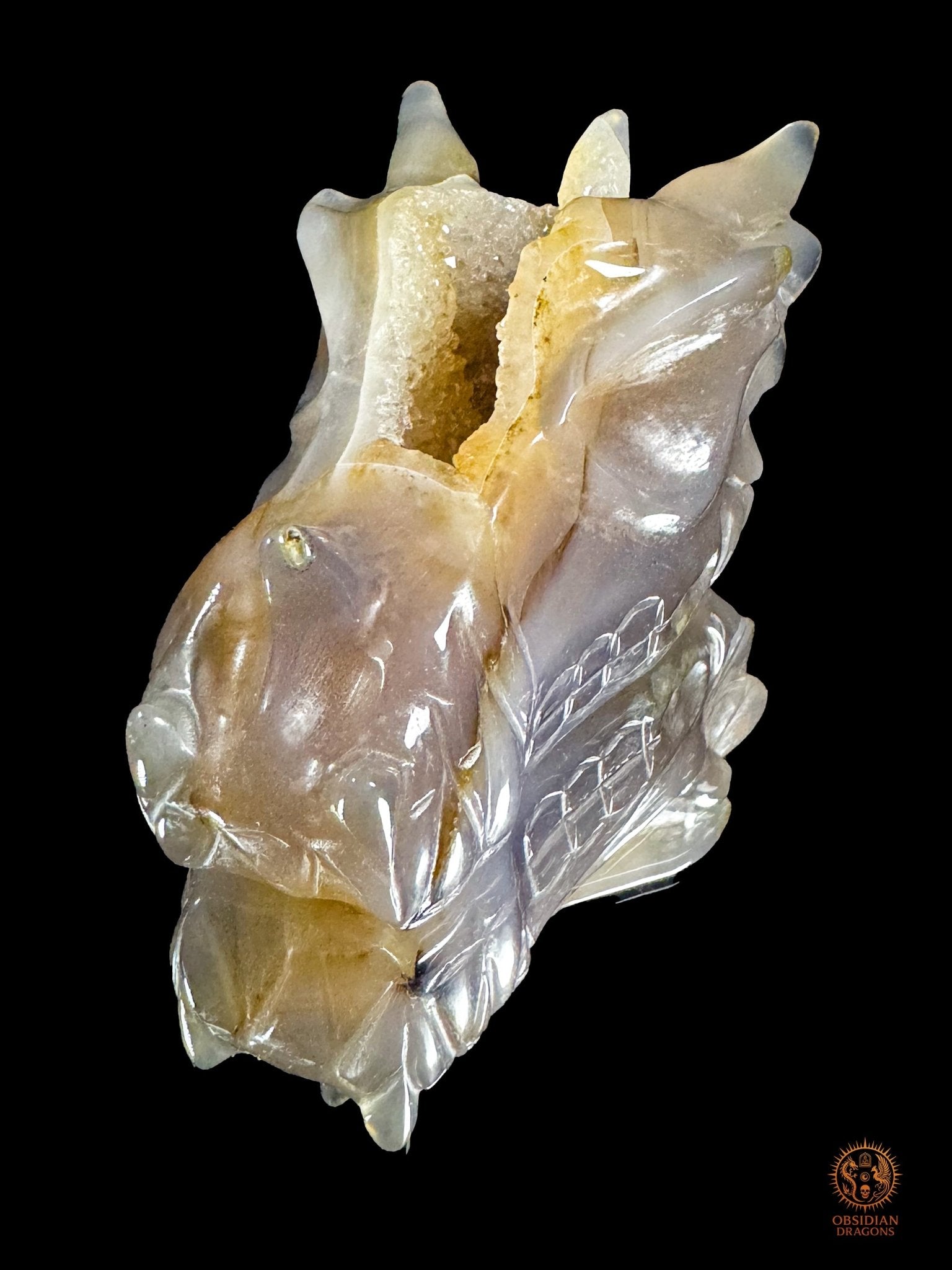 Crâne de dragon en géode de quartz – Lumière intérieure | obsidian dragons