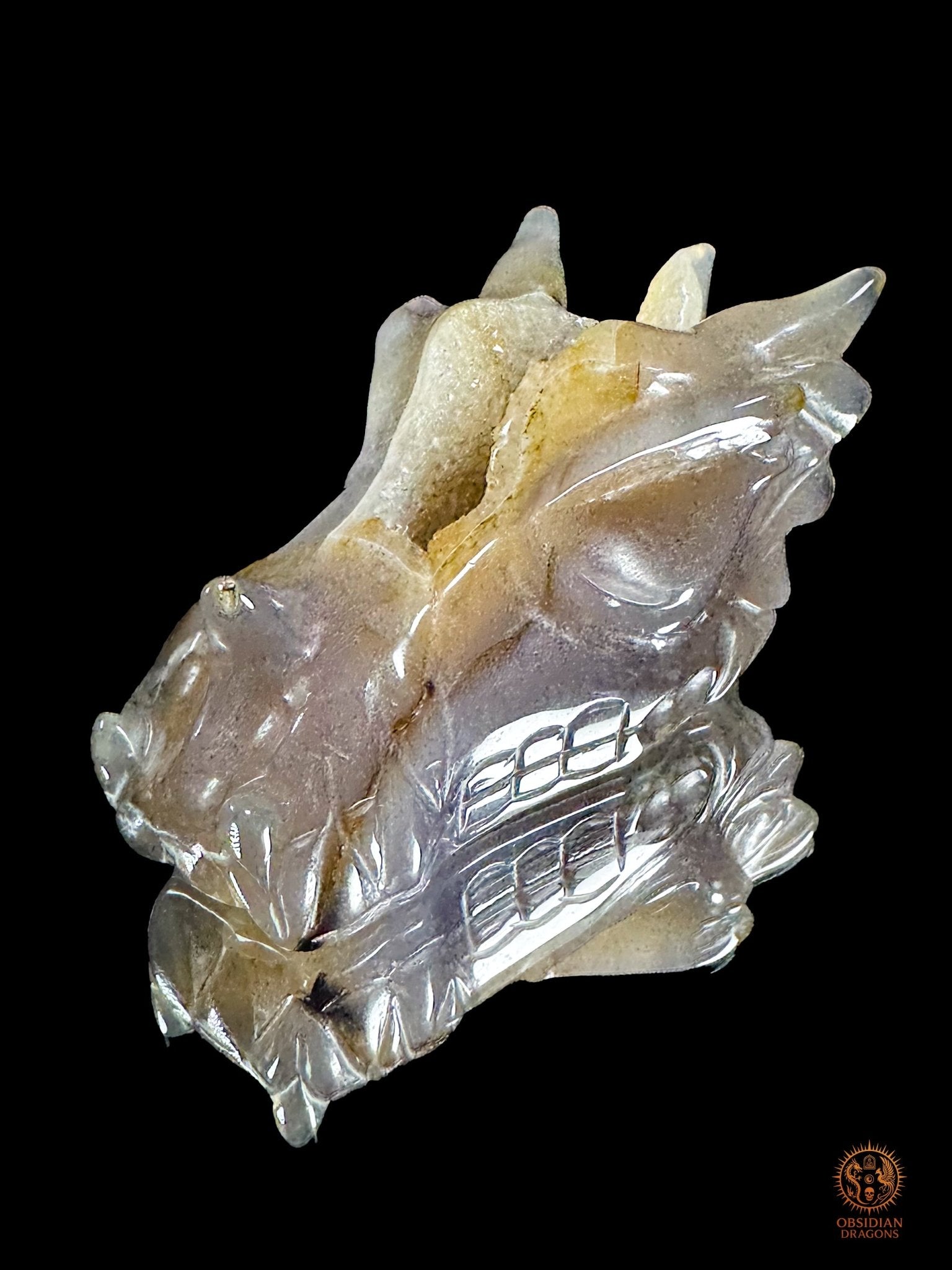Crâne de dragon en géode de quartz – Lumière intérieure | obsidian dragons