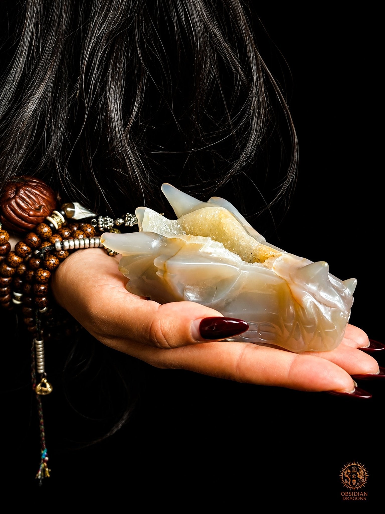 Crâne de dragon en géode de quartz – Lumière intérieure | obsidian dragons