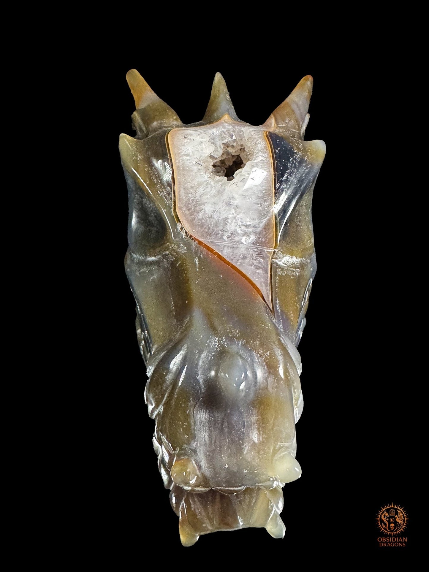 Crâne de dragon en géode de quartz – Souffle des profondeurs - obsidian dragons
