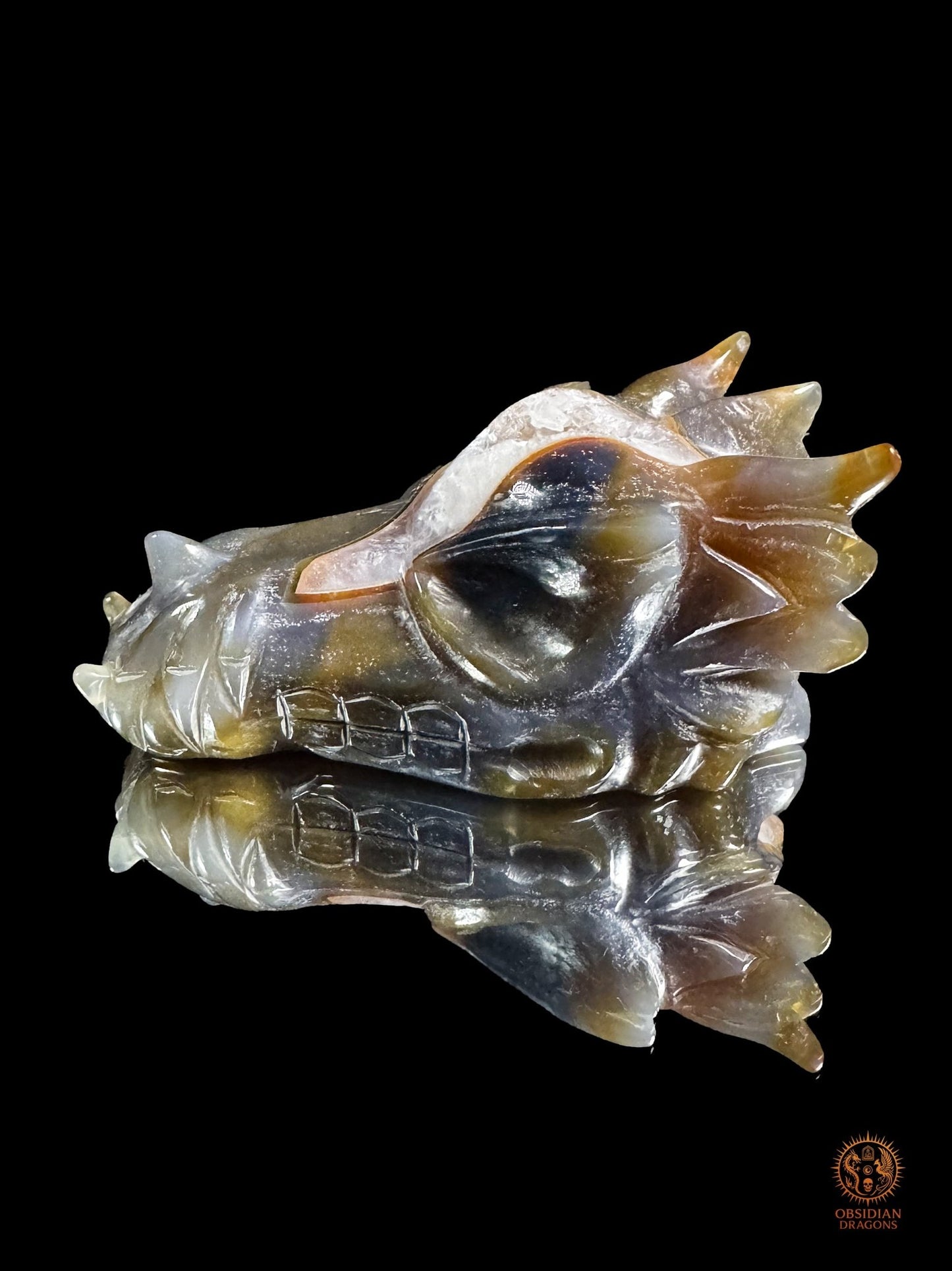 Crâne de dragon en géode de quartz – Souffle des profondeurs - obsidian dragons