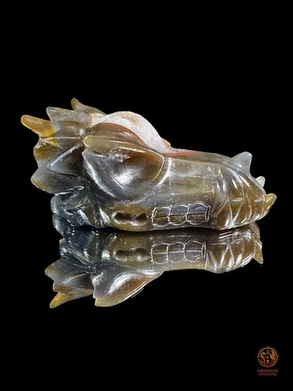 Crâne de dragon en géode de quartz – Souffle des profondeurs - obsidian dragons