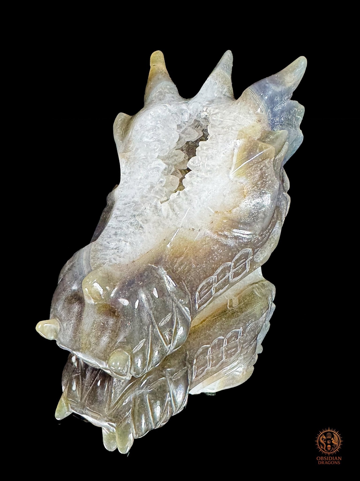 Crâne de dragon en agate, géode de quartz - Faille de lumière | obsidian dragons
