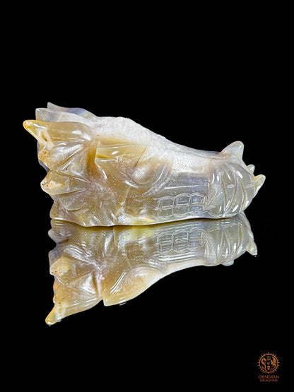 Crâne de dragon en agate, géode de quartz - Faille de lumière | obsidian dragons