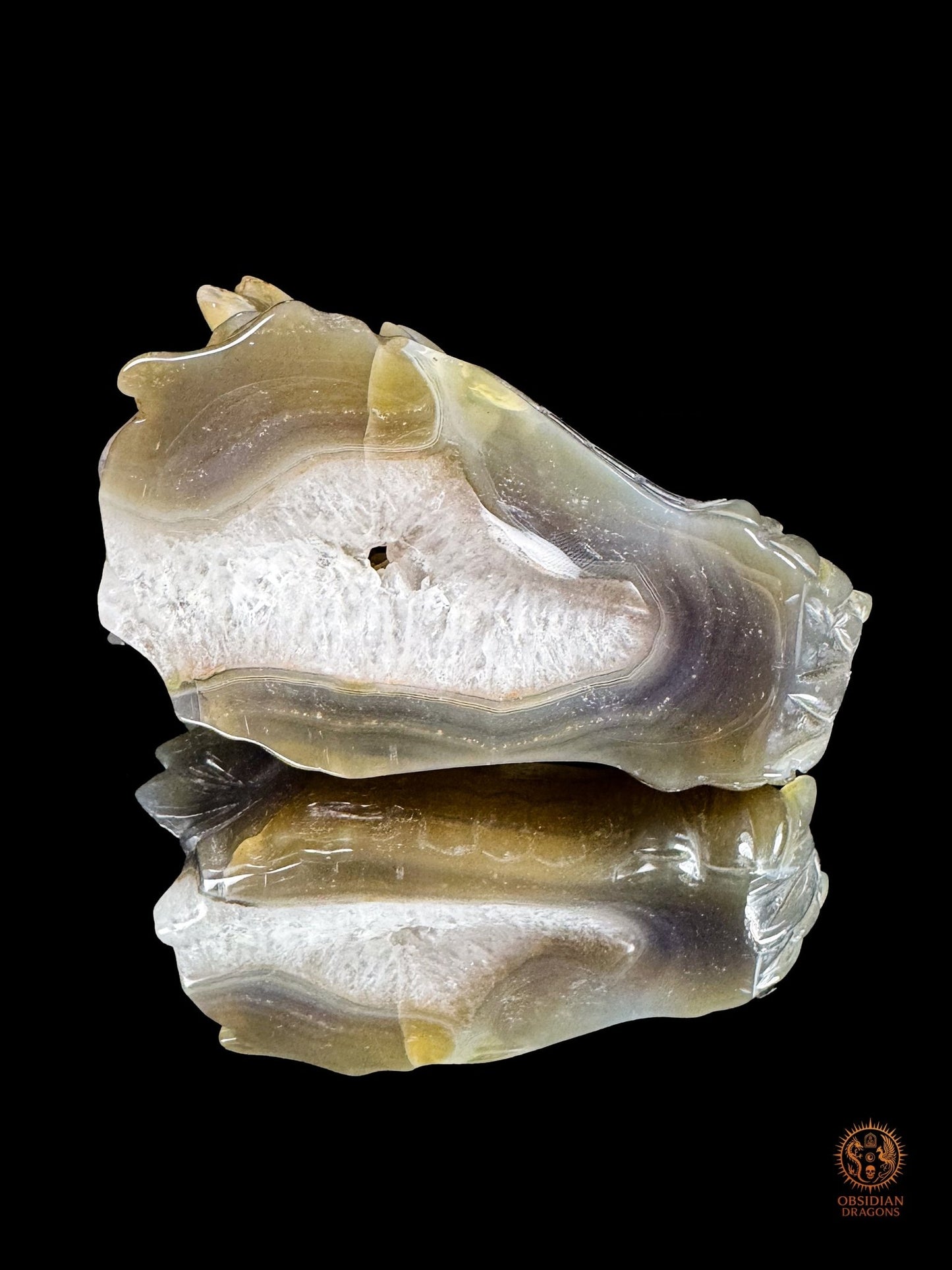 Crâne de dragon en agate, géode de quartz - Faille de lumière - obsidian dragons