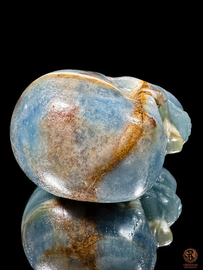 Crâne en agate bleue naturelle couché, montrant les plages bleues et brunes et les lignes ocres de la calotte.