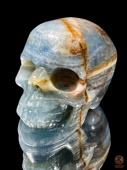 Crâne en agate bleue naturelle vu de trois quarts en plongée, avec une ligne ocre sur le front et une mâchoire polie.