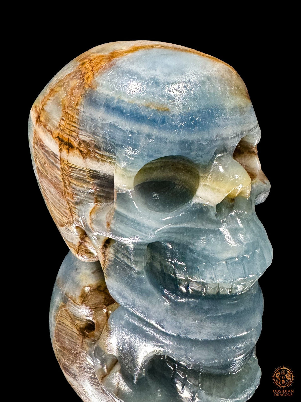 Crâne en agate bleue naturelle vu de trois quarts sur un support miroir, aux bandes bleues et aux motifs latéraux bruns.