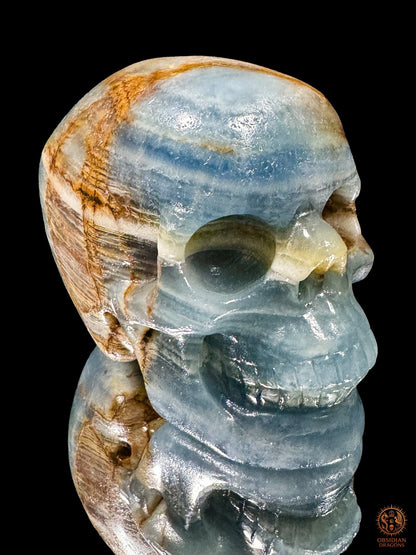 Crâne en agate bleue naturelle vu de trois quarts sur un support miroir, aux bandes bleues et aux motifs latéraux bruns.