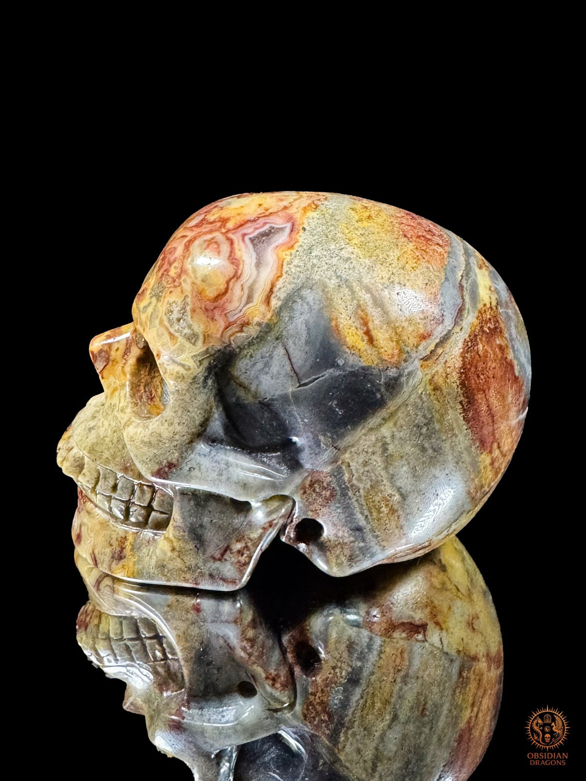 Profil d’un crâne en jaspe polychrome de Madagascar, visage tourné vers la gauche, aux motifs sinueux rouges et ocres.