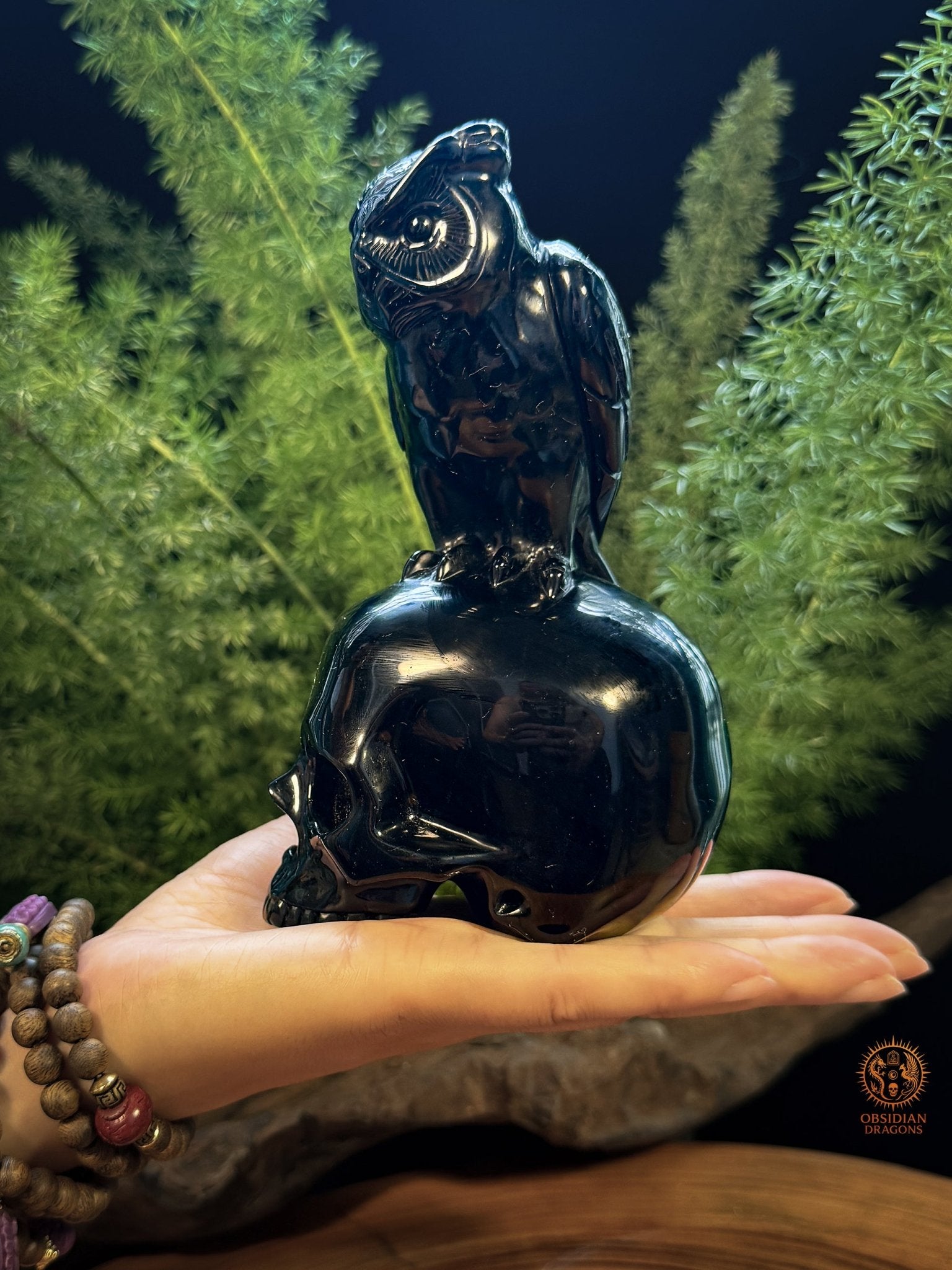 Crâne en obsidienne noire surmonté d’un hibou tenu dans une main, sculpture artisanale de 14 cm en obsidienne naturelle du Mexique - Obsidian Dragons