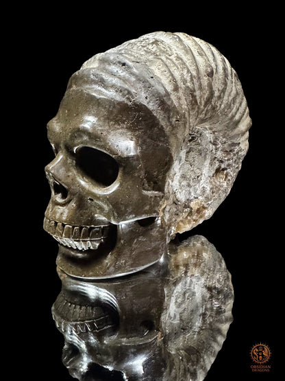 Crâne sculpté dans une ammonite fossile - Rare et unique