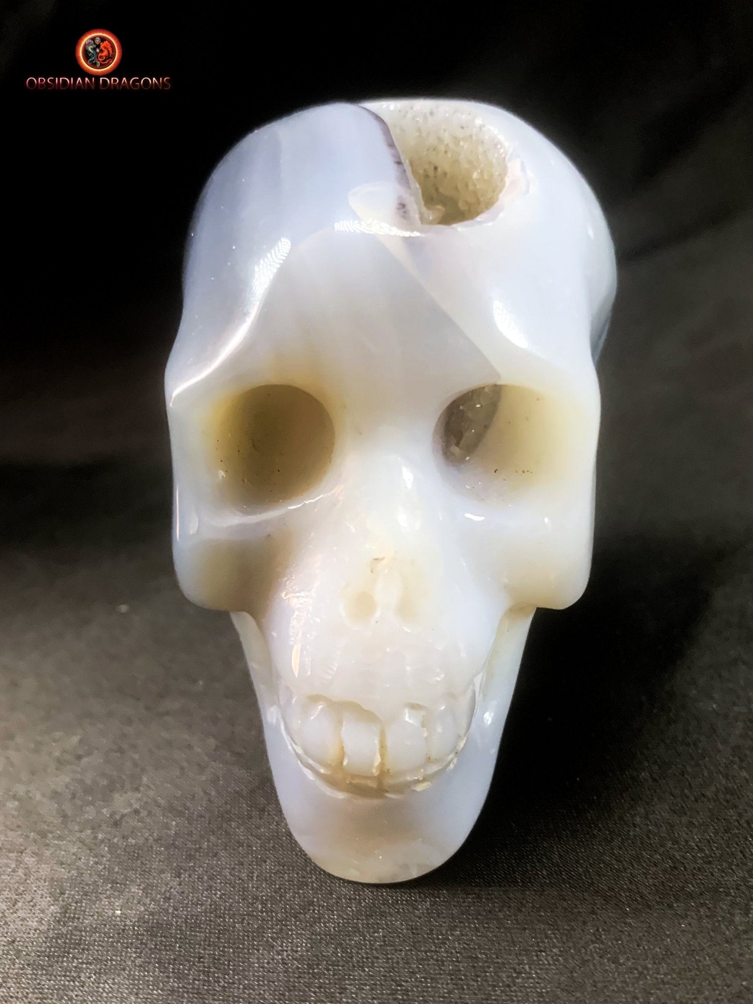 Petit crâne de cristal sculpté dans une géode de quartz | obsidian dragons