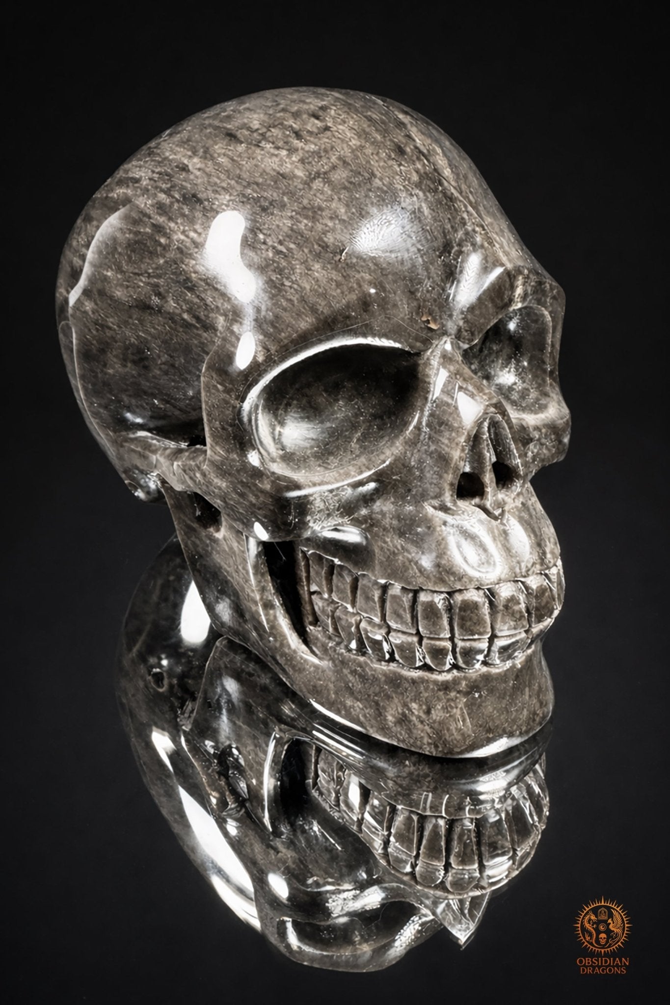 Grand crâne en obsidienne argentée du Mexique – 3 kg | obsidian dragons