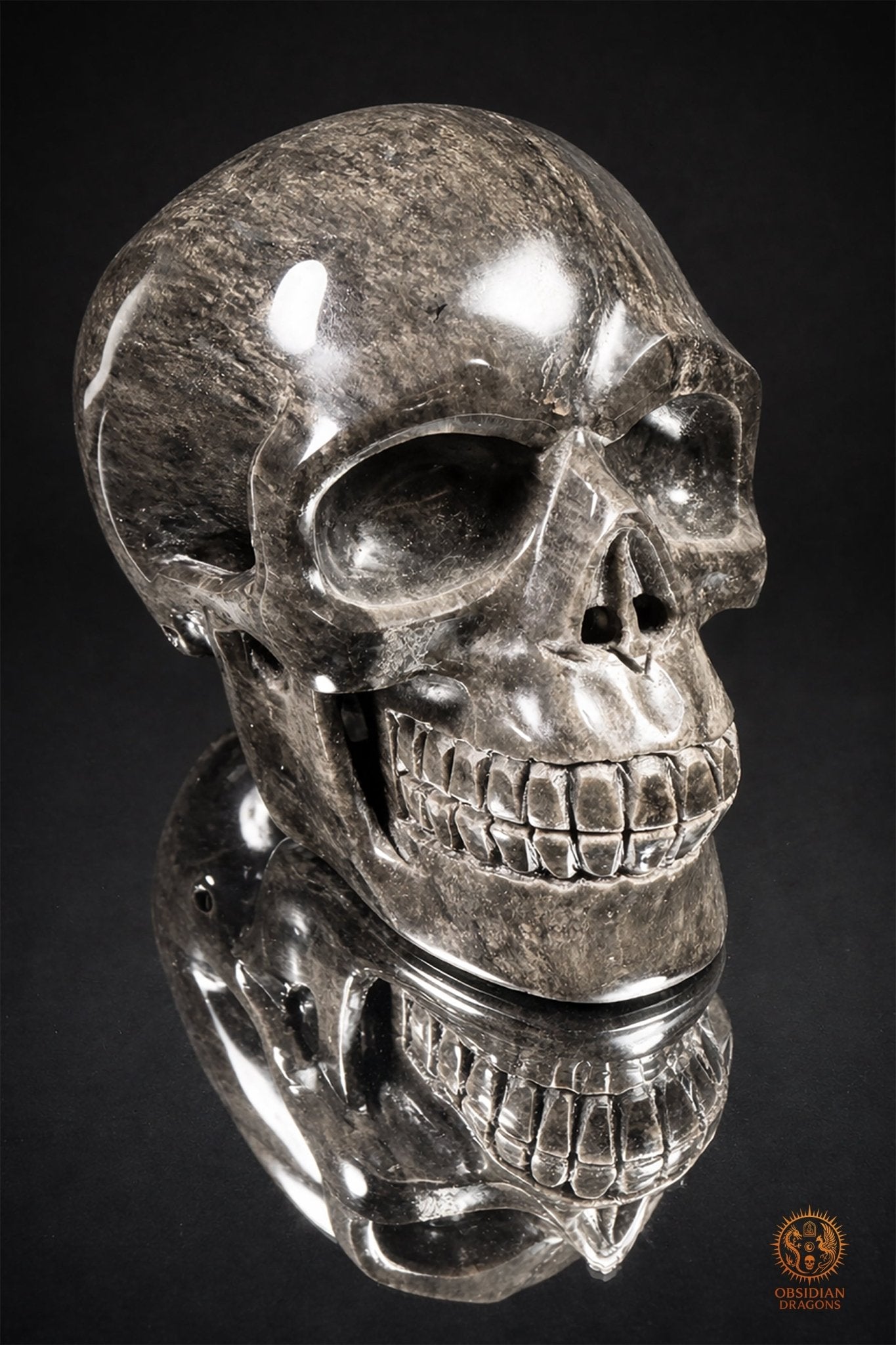 Grand crâne en obsidienne argentée du Mexique – 3 kg | obsidian dragons