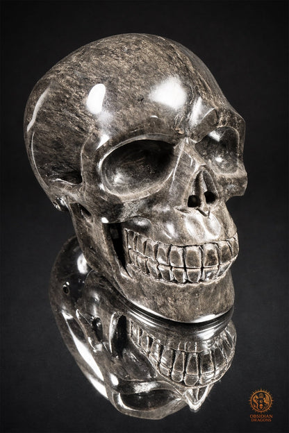 Grand crâne en obsidienne argentée du Mexique – 3 kg | obsidian dragons