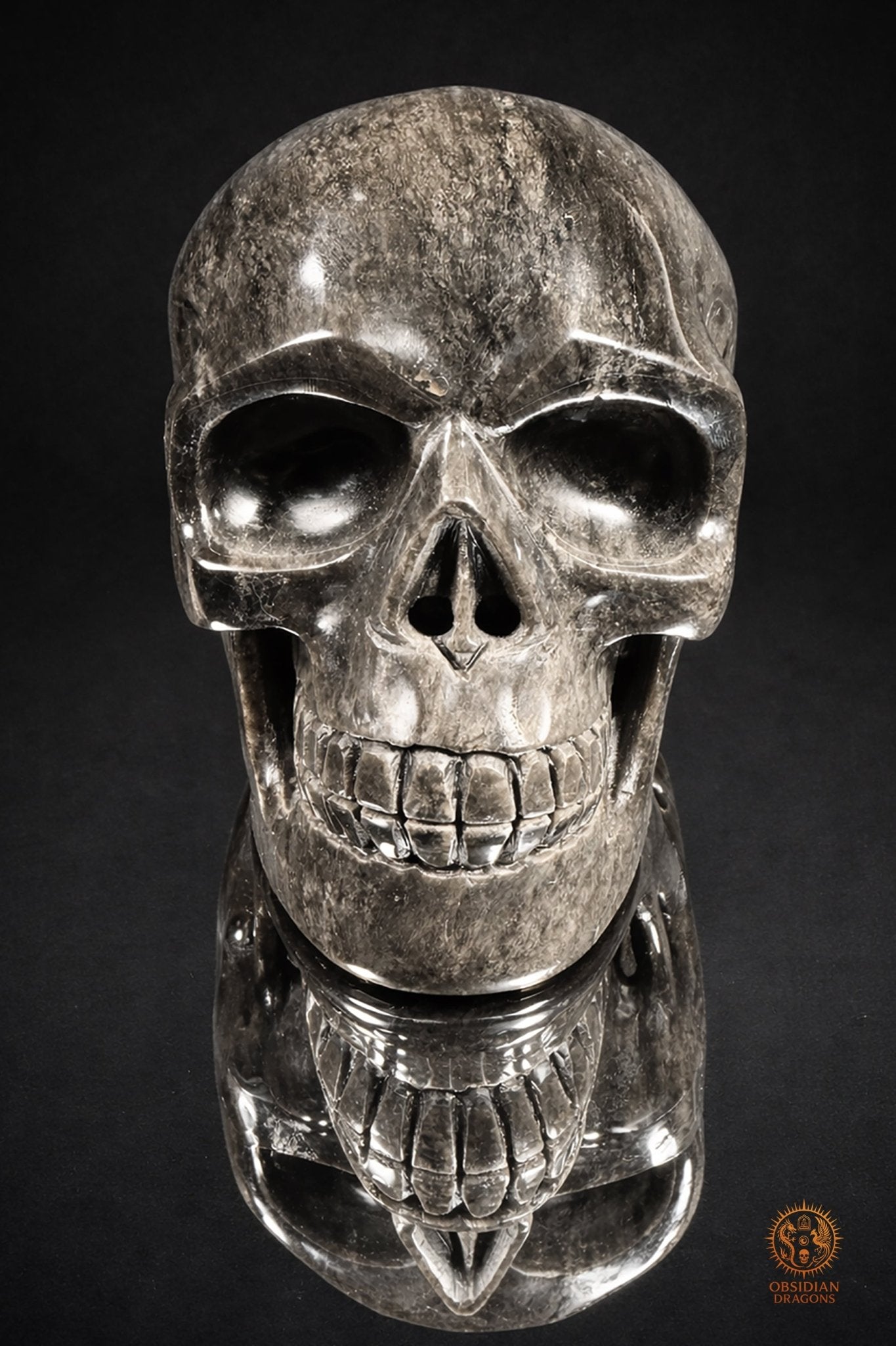 Grand crâne en obsidienne argentée du Mexique – 3 kg | obsidian dragons