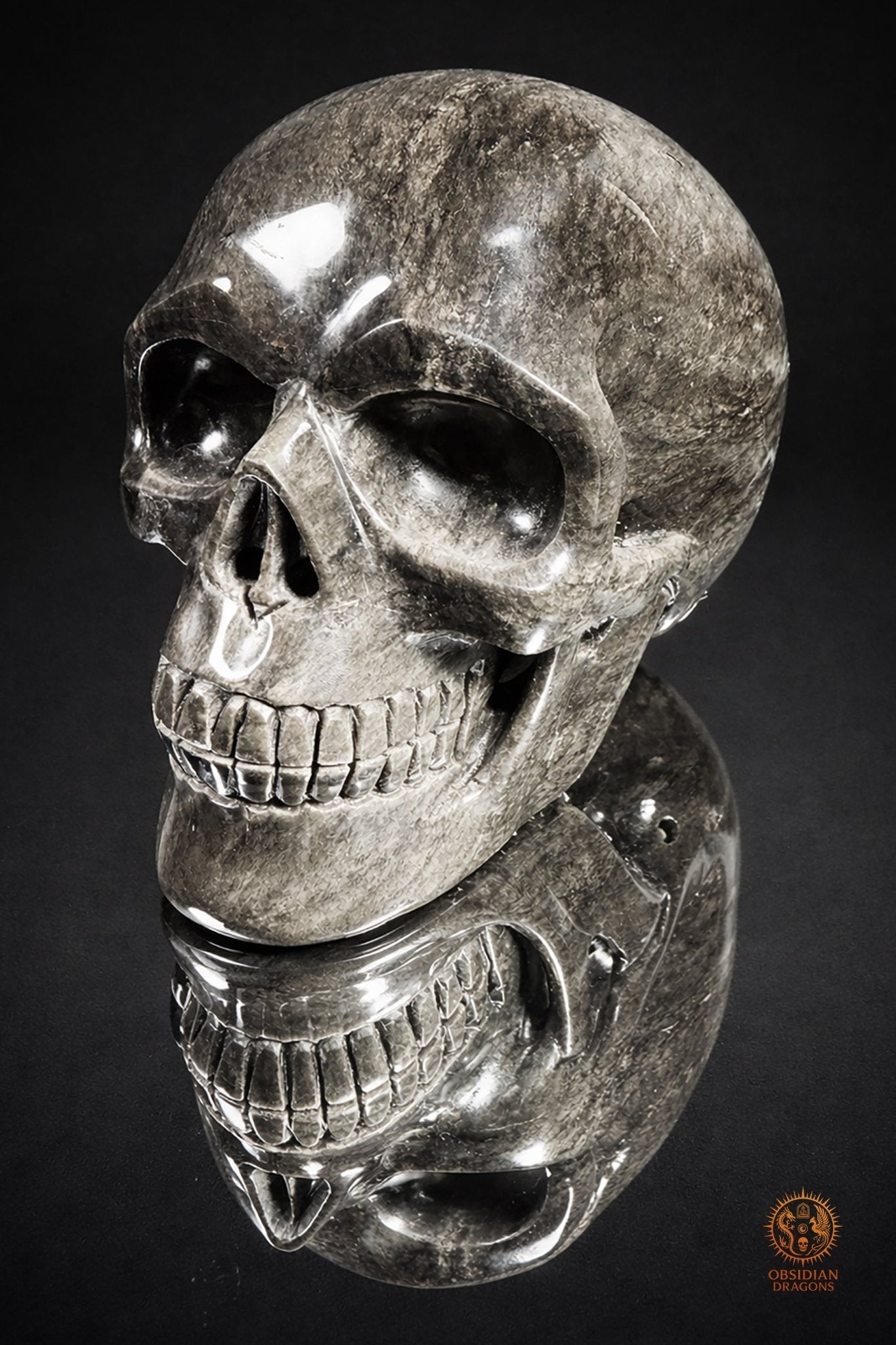 Grand crâne en obsidienne argentée du Mexique – 3 kg | obsidian dragons