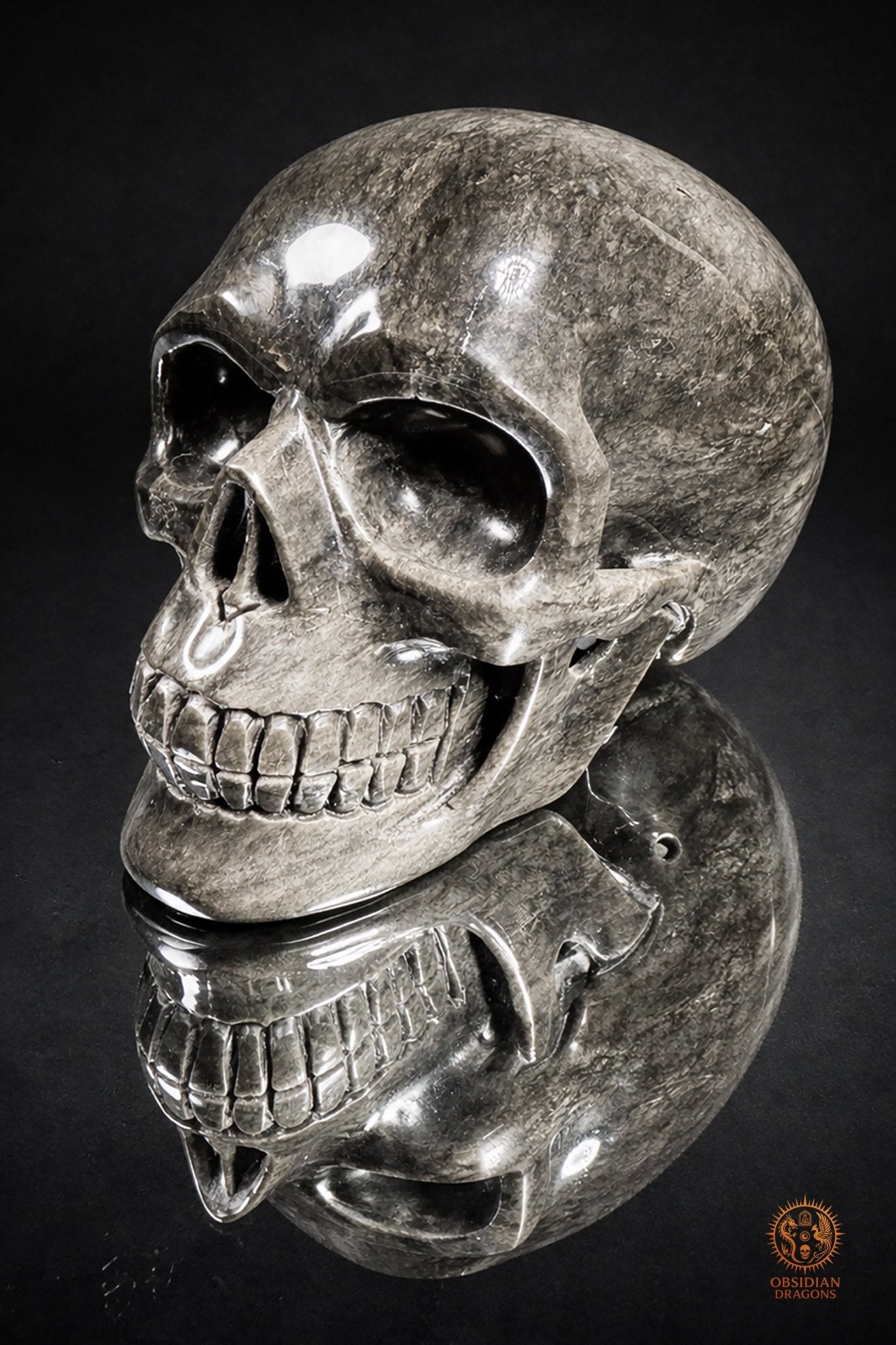 Grand crâne en obsidienne argentée du Mexique – 3 kg | obsidian dragons
