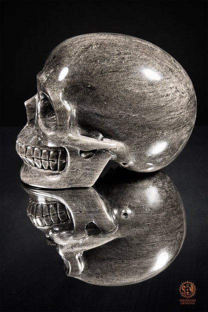 Grand crâne en obsidienne argentée du Mexique – 3 kg | obsidian dragons
