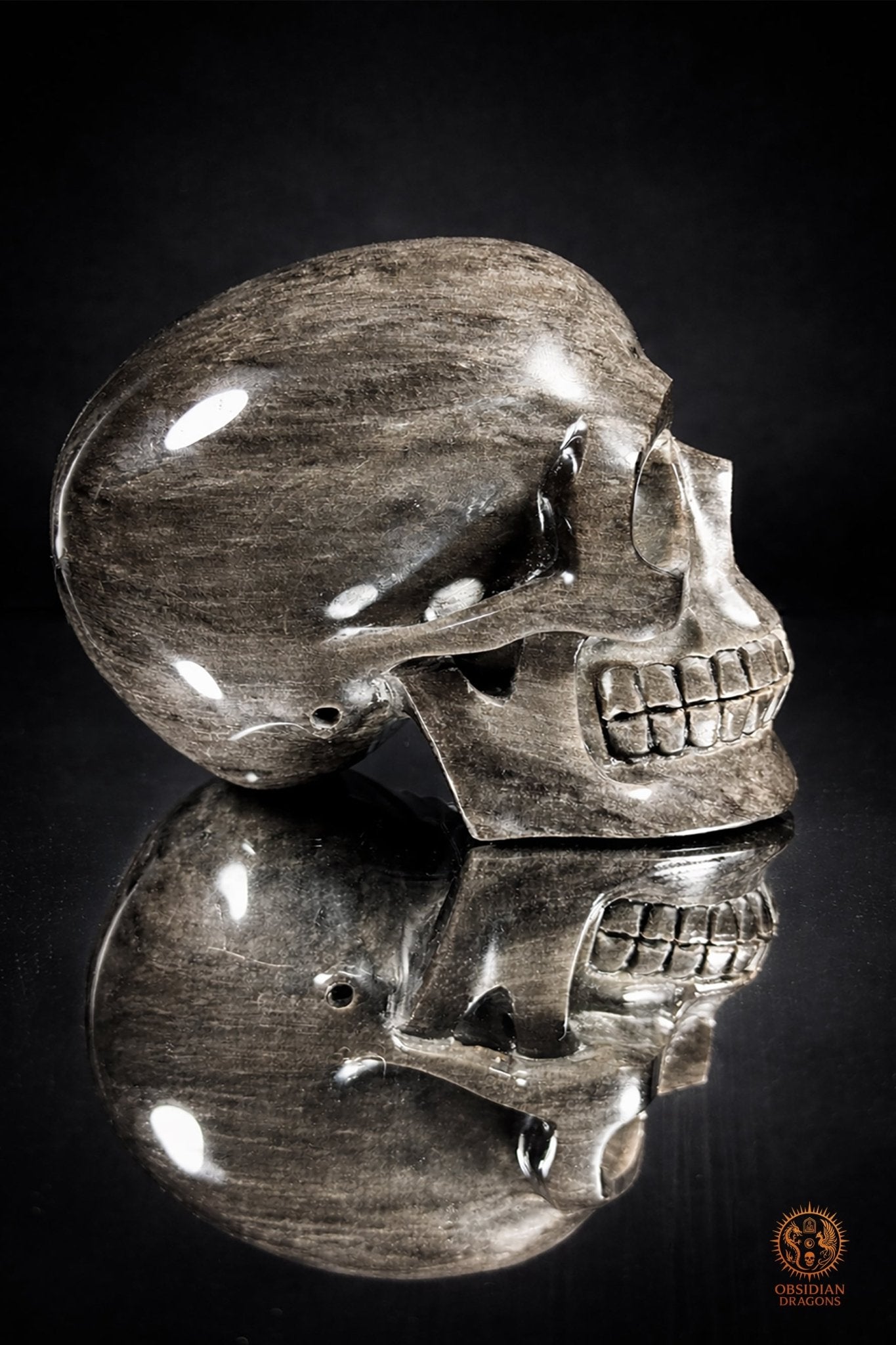 Grand crâne en obsidienne argentée du Mexique – 3 kg | obsidian dragons