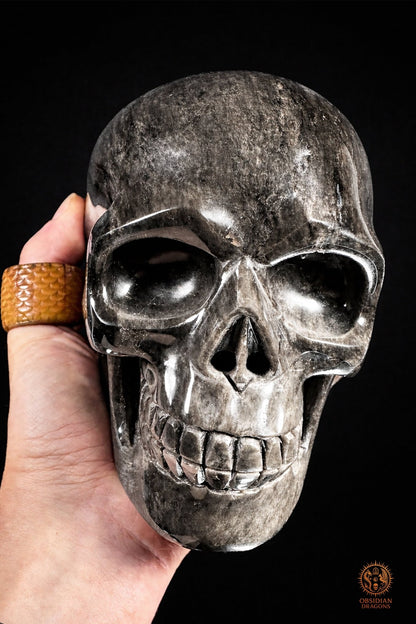 Grand crâne en obsidienne argentée du Mexique – 3 kg | obsidian dragons