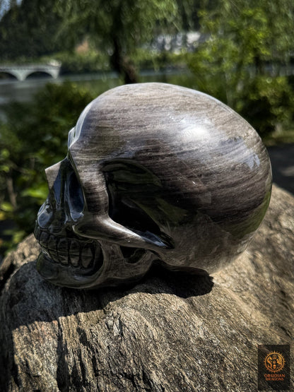 Grand crâne en obsidienne argentée naturelle – Crâne artisanal - obsidian dragons