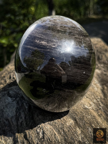 Grand crâne en obsidienne argentée naturelle – Crâne artisanal - obsidian dragons