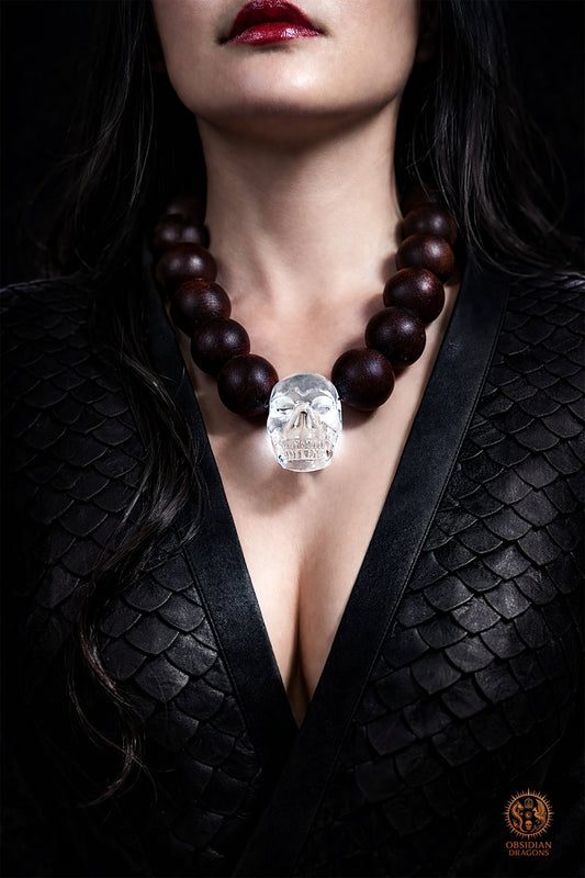 Gros Collier en Bois – Mala 18 Perles – Crâne de Cristal - obsidian dragons