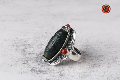 Bague moulin à prière tibétain- Jade et argent | obsidian dragons