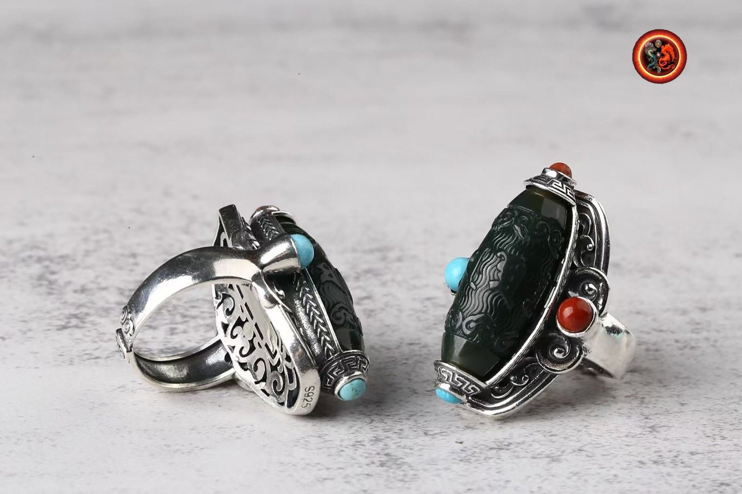 Bague moulin à prière tibétain- Jade et argent | obsidian dragons