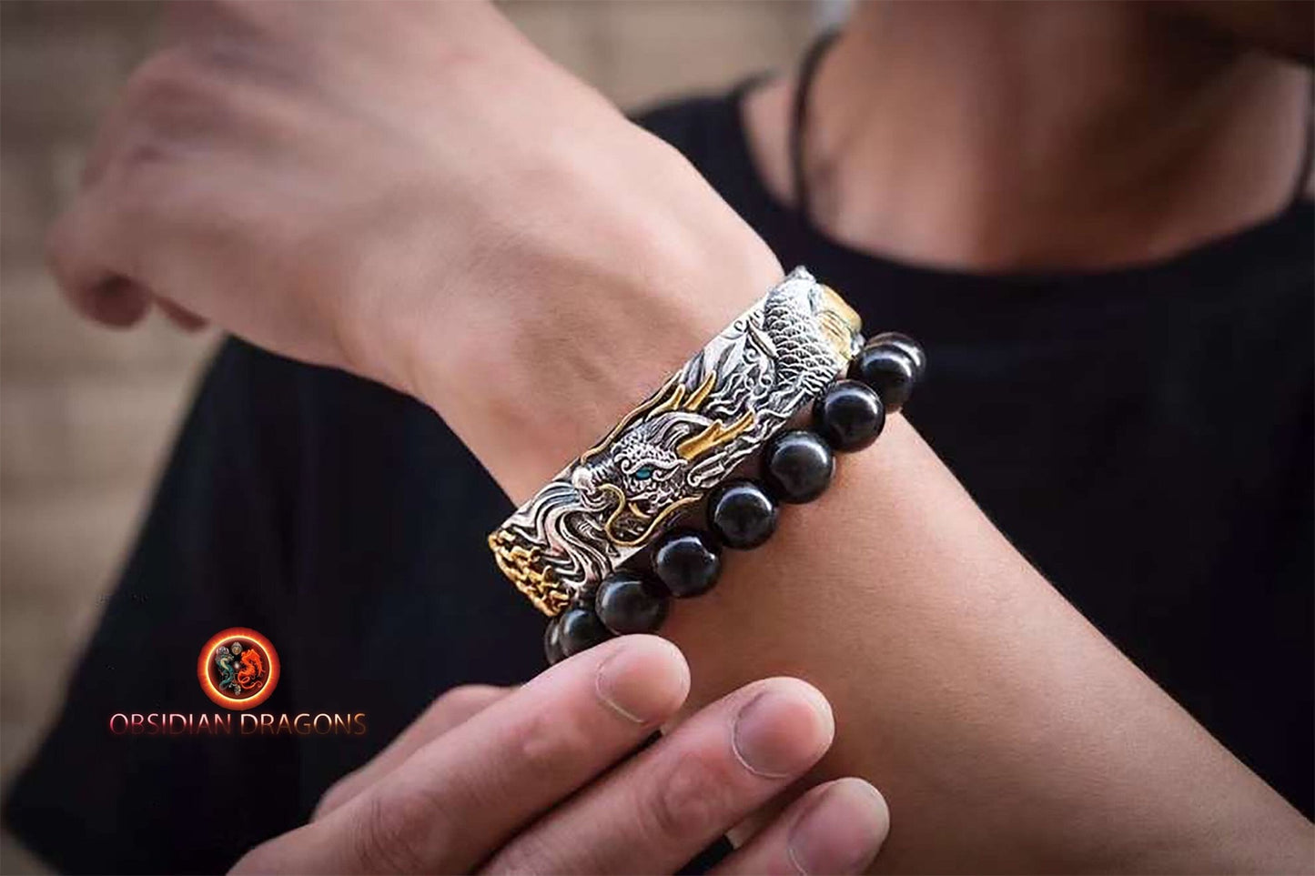 Bracelet manchette dragon- Suanmi- Protection Feng shui | obsidian dragons