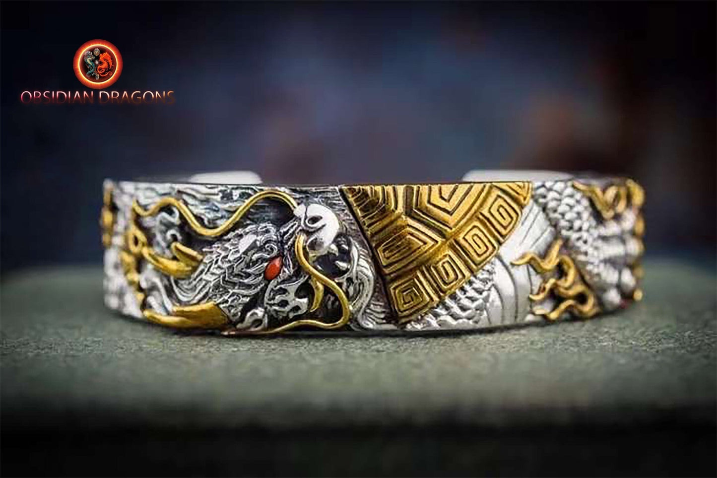 Bracelet manchette dragon- Bixi- Protection Feng shui | obsidian dragons