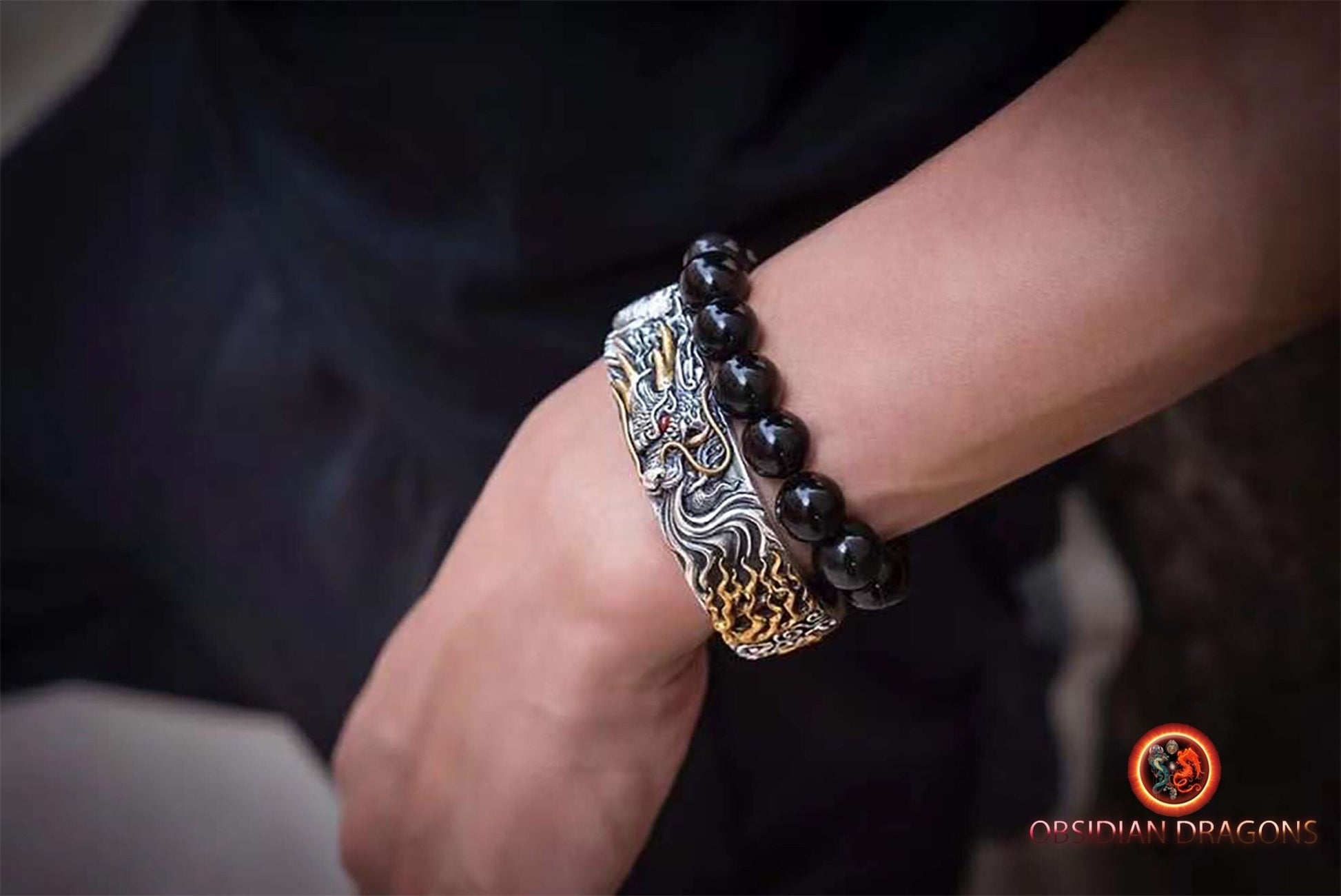 Bracelet manchette dragon- Suanmi- Protection Feng shui | obsidian dragons