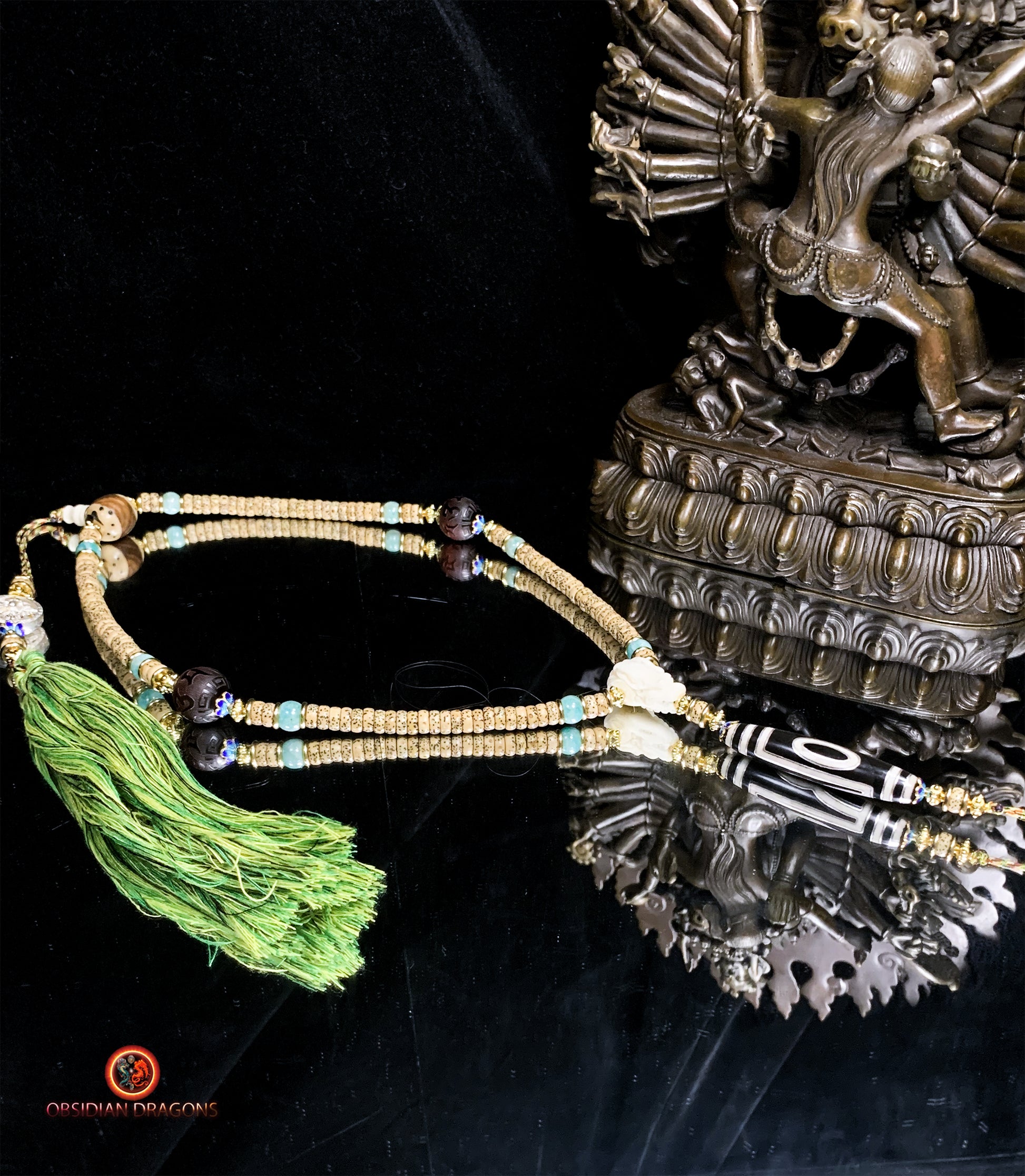 Mala tibétain- Graines de Pipal- Authentique DZI à 1 oeil | obsidian dragons