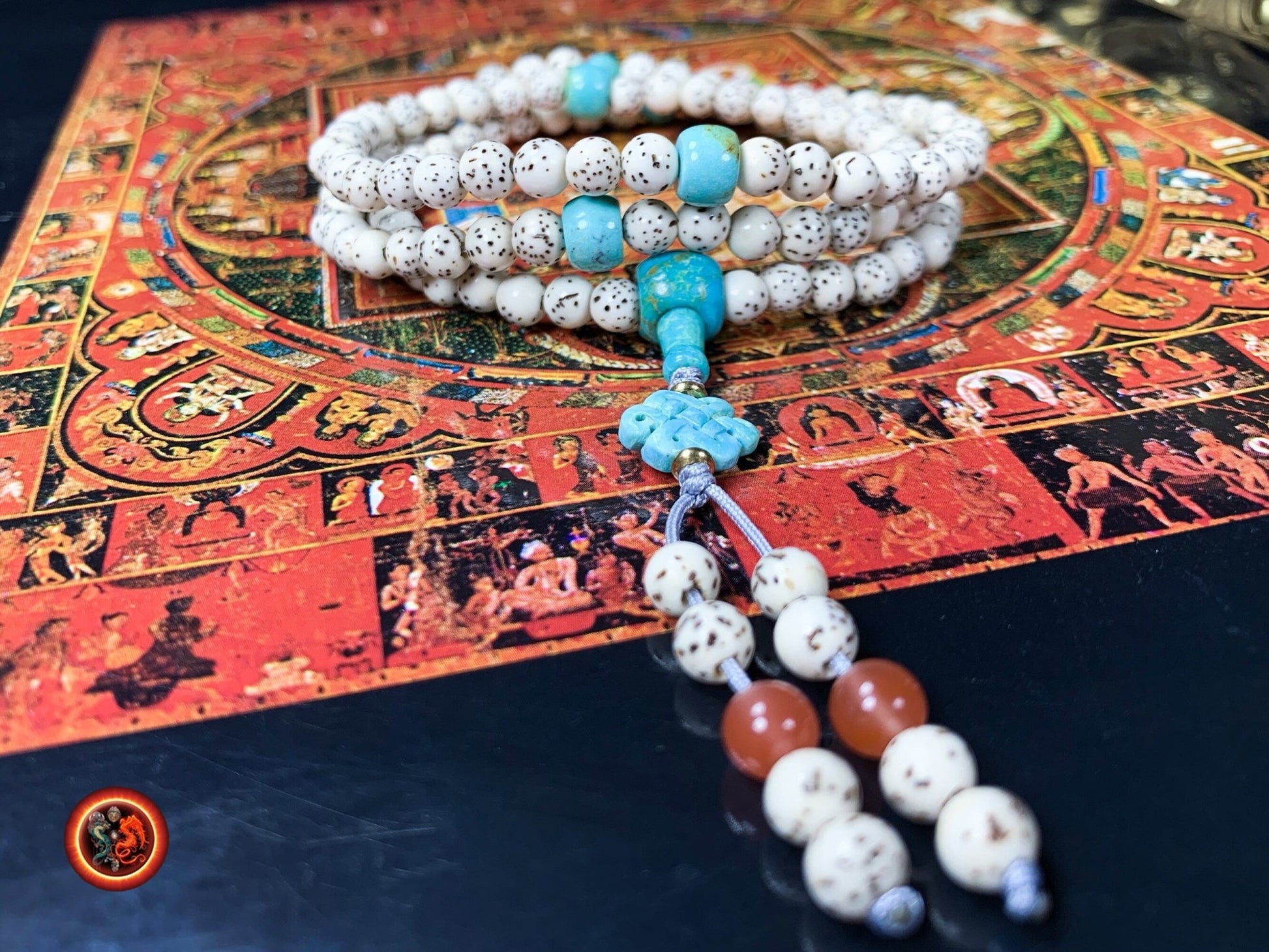 Mala en graines de bodhi et turquoises naturelles | obsidian dragons