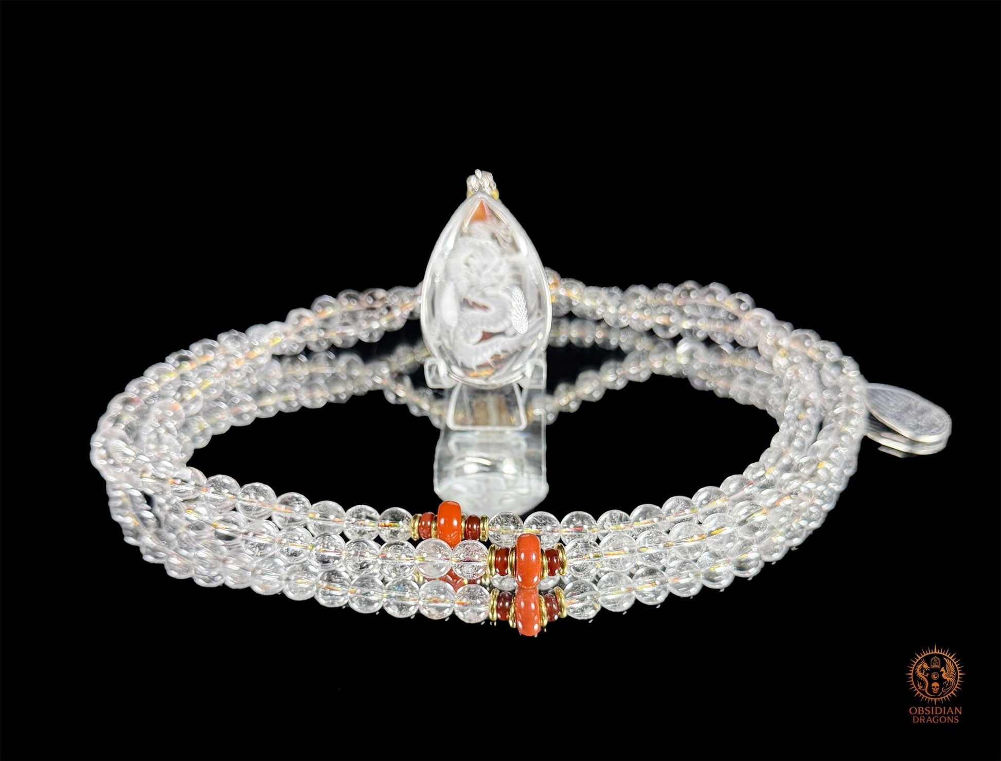 Mala dragon en cristal de roche 108 Perles - Sak Yant - obsidian dragons