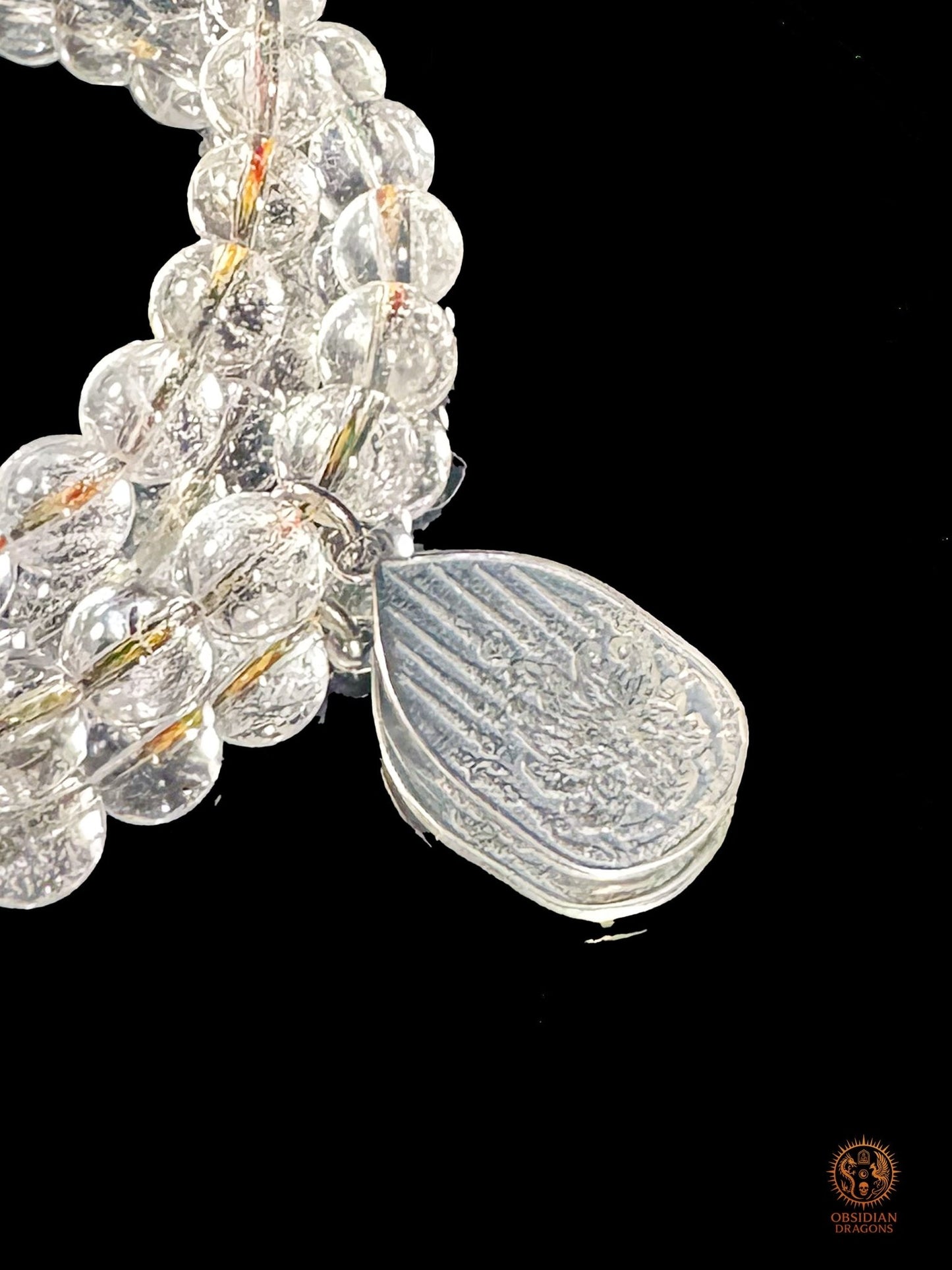 Mala dragon en cristal de roche 108 Perles - Sak Yant - obsidian dragons