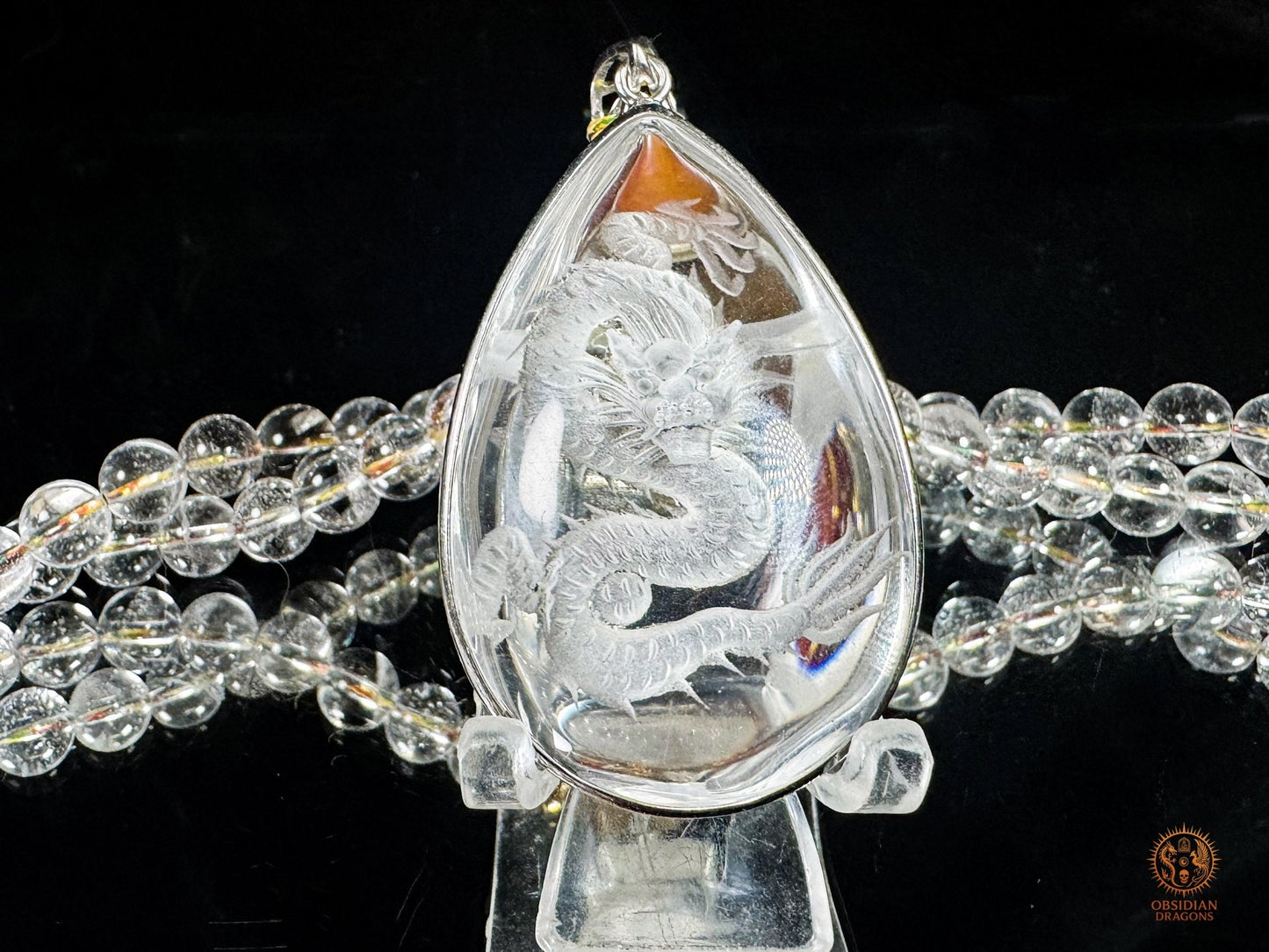 Mala dragon en cristal de roche 108 Perles - Sak Yant - obsidian dragons