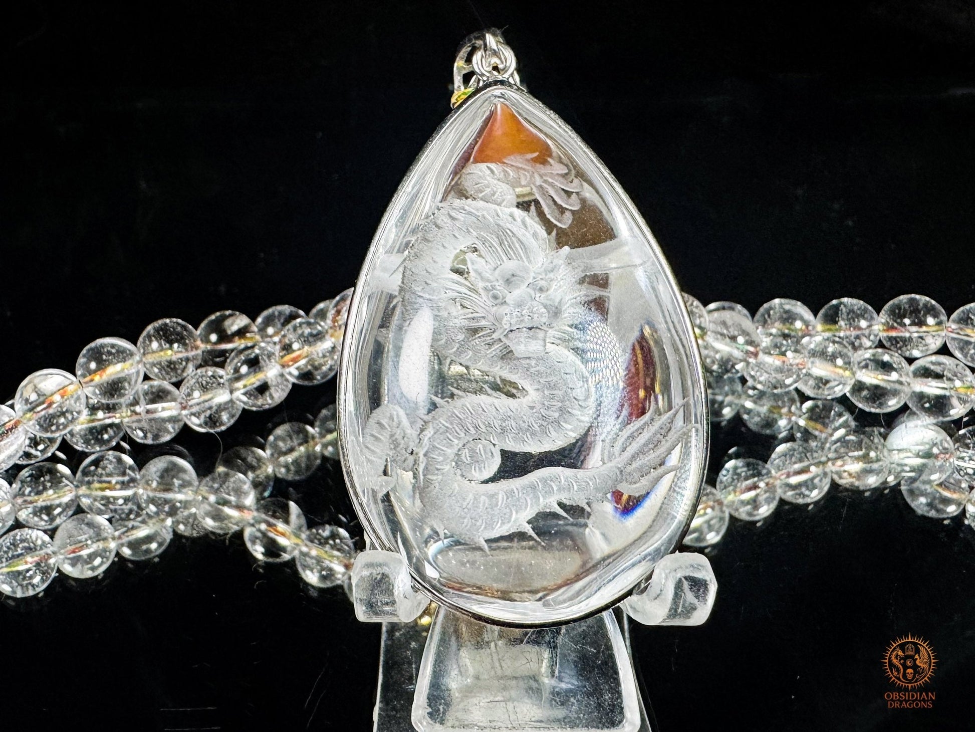 Mala dragon en cristal de roche 108 Perles - Sak Yant - obsidian dragons