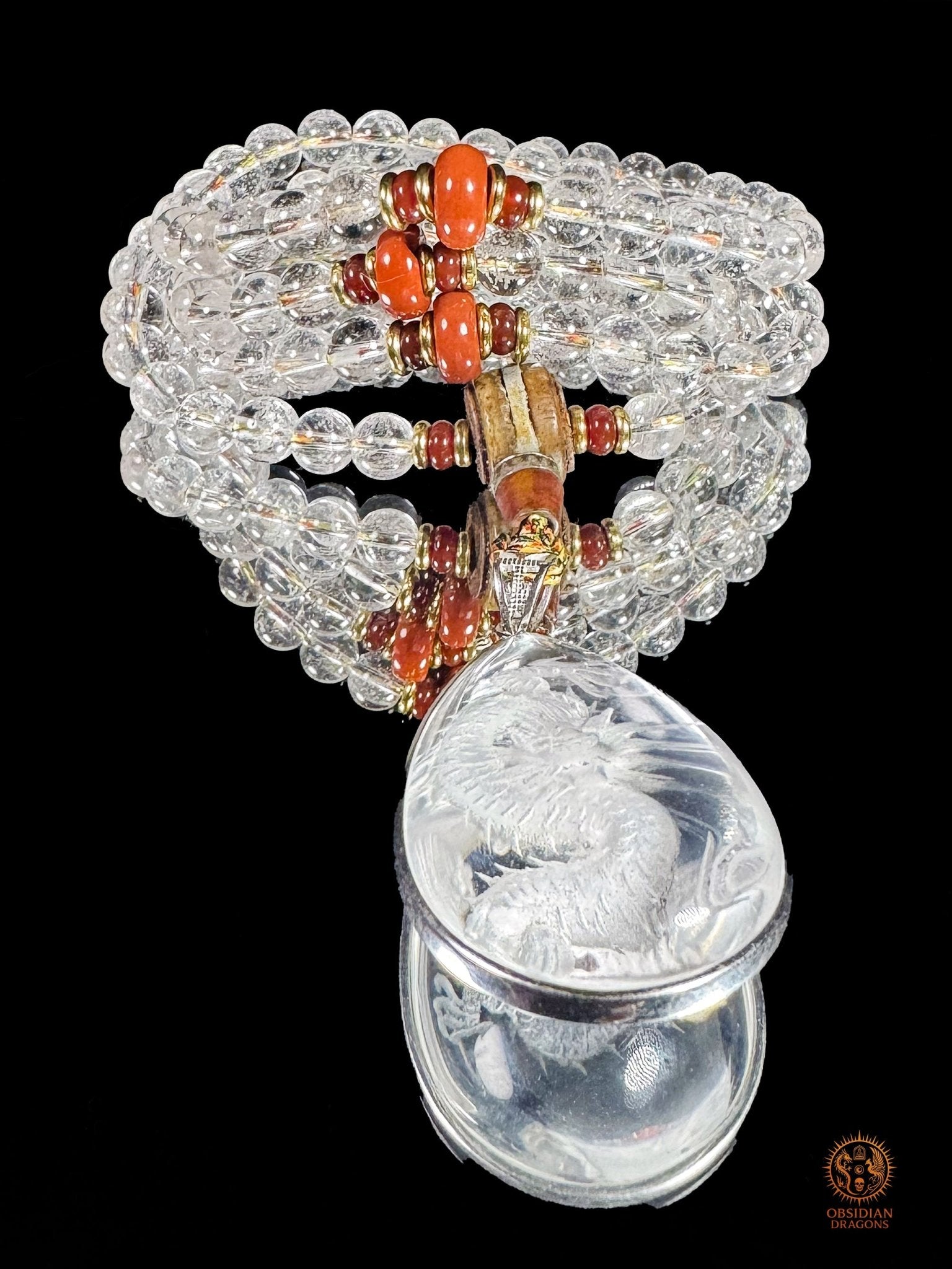 Mala dragon en cristal de roche 108 Perles - Sak Yant - obsidian dragons