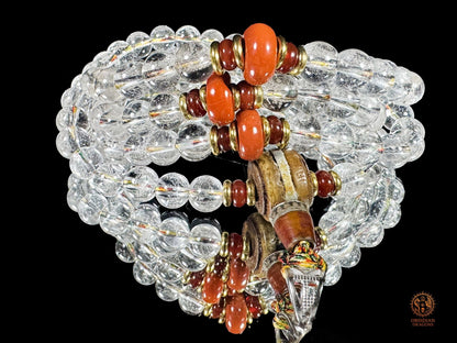 Mala dragon en cristal de roche 108 Perles - Sak Yant - obsidian dragons