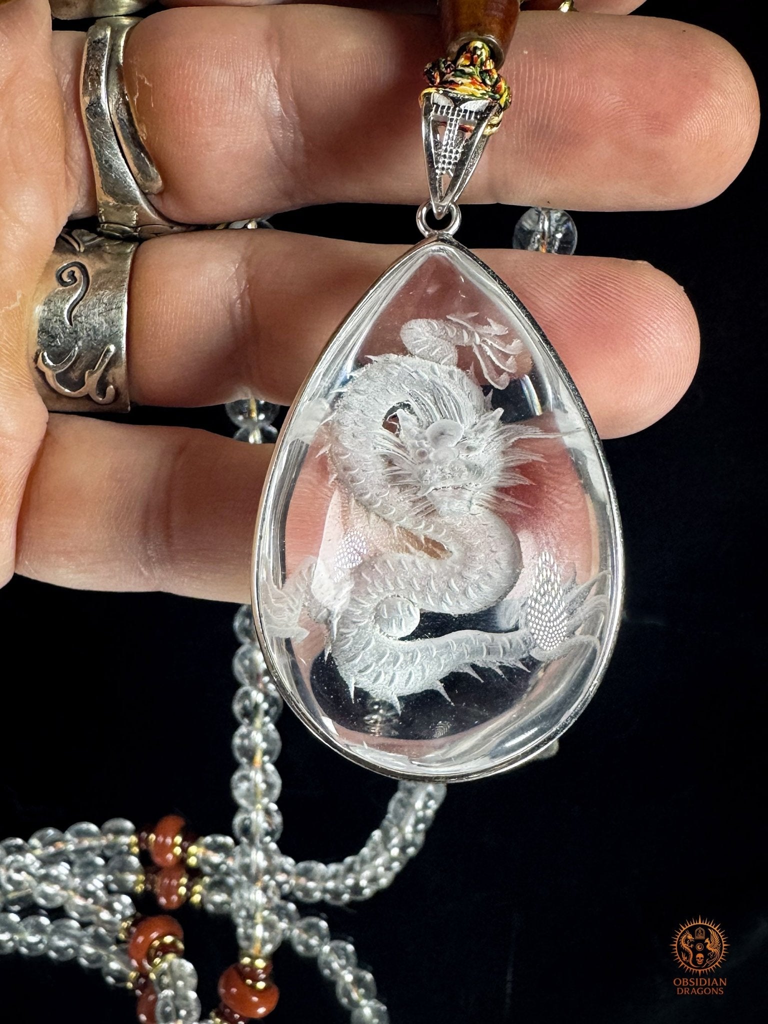 Mala dragon en cristal de roche 108 Perles - Sak Yant - obsidian dragons