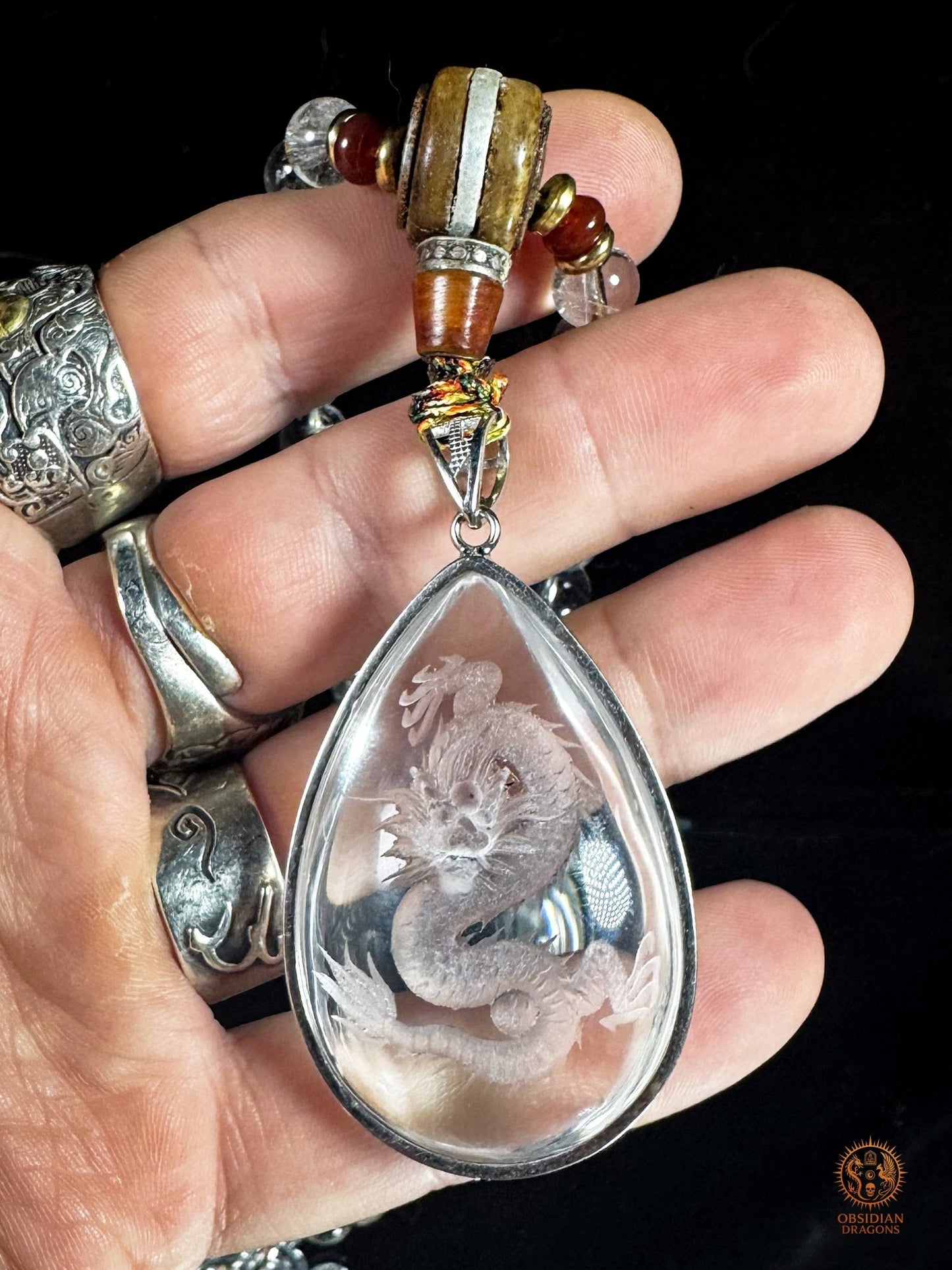 Mala dragon en cristal de roche 108 Perles - Sak Yant - obsidian dragons