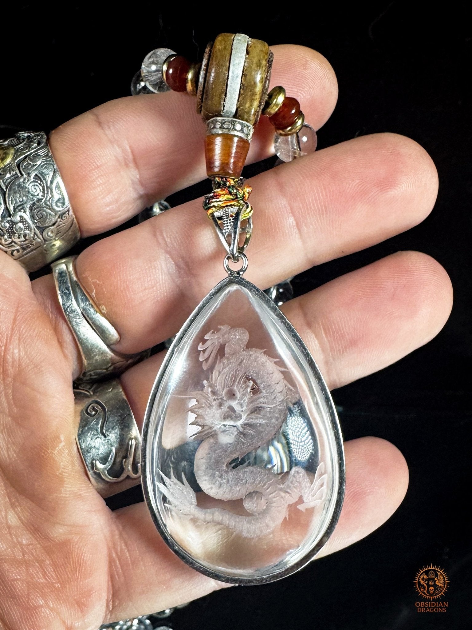 Mala dragon en cristal de roche 108 Perles - Sak Yant - obsidian dragons