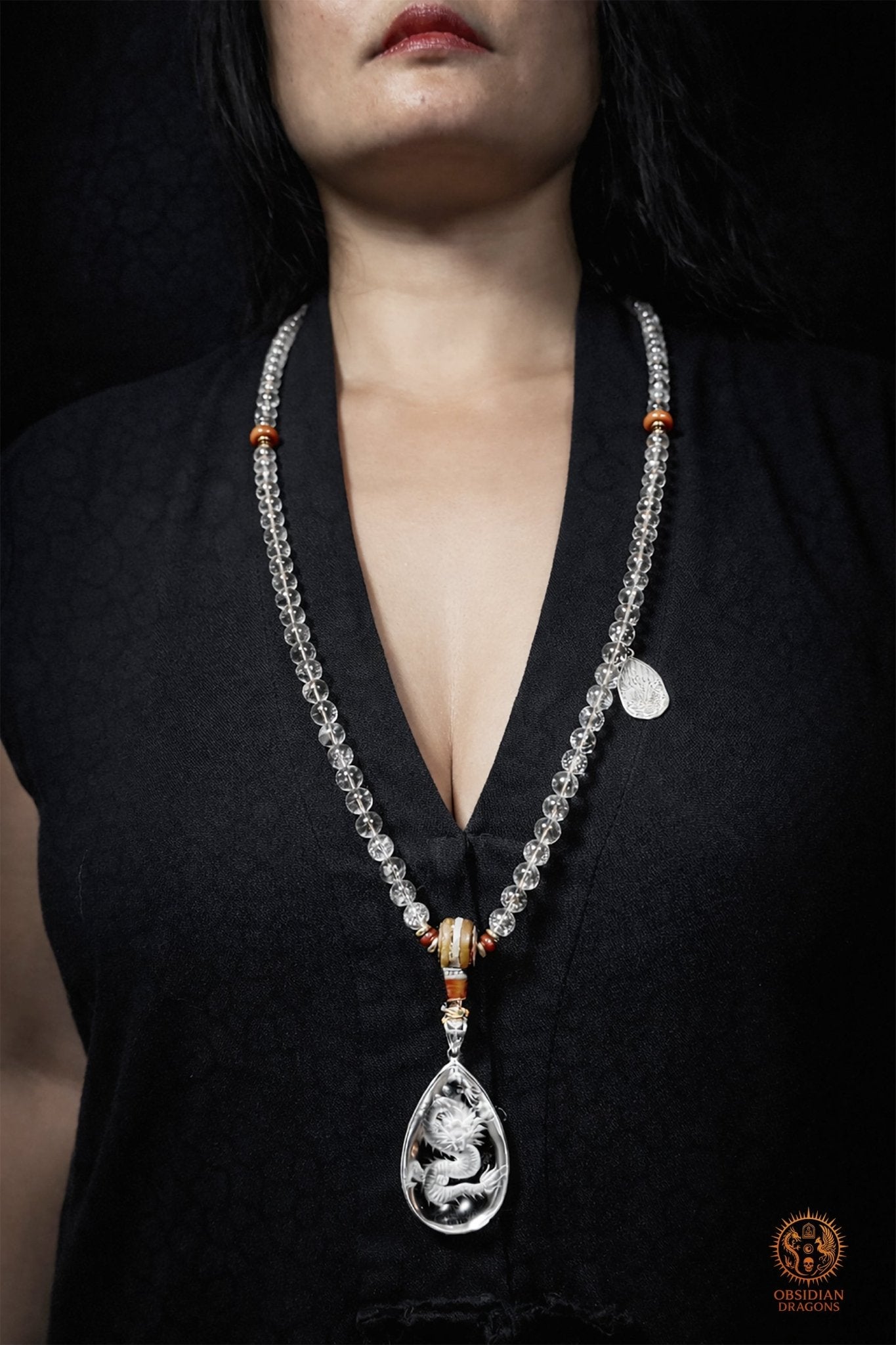 Mala dragon en cristal de roche 108 Perles - Sak Yant - obsidian dragons
